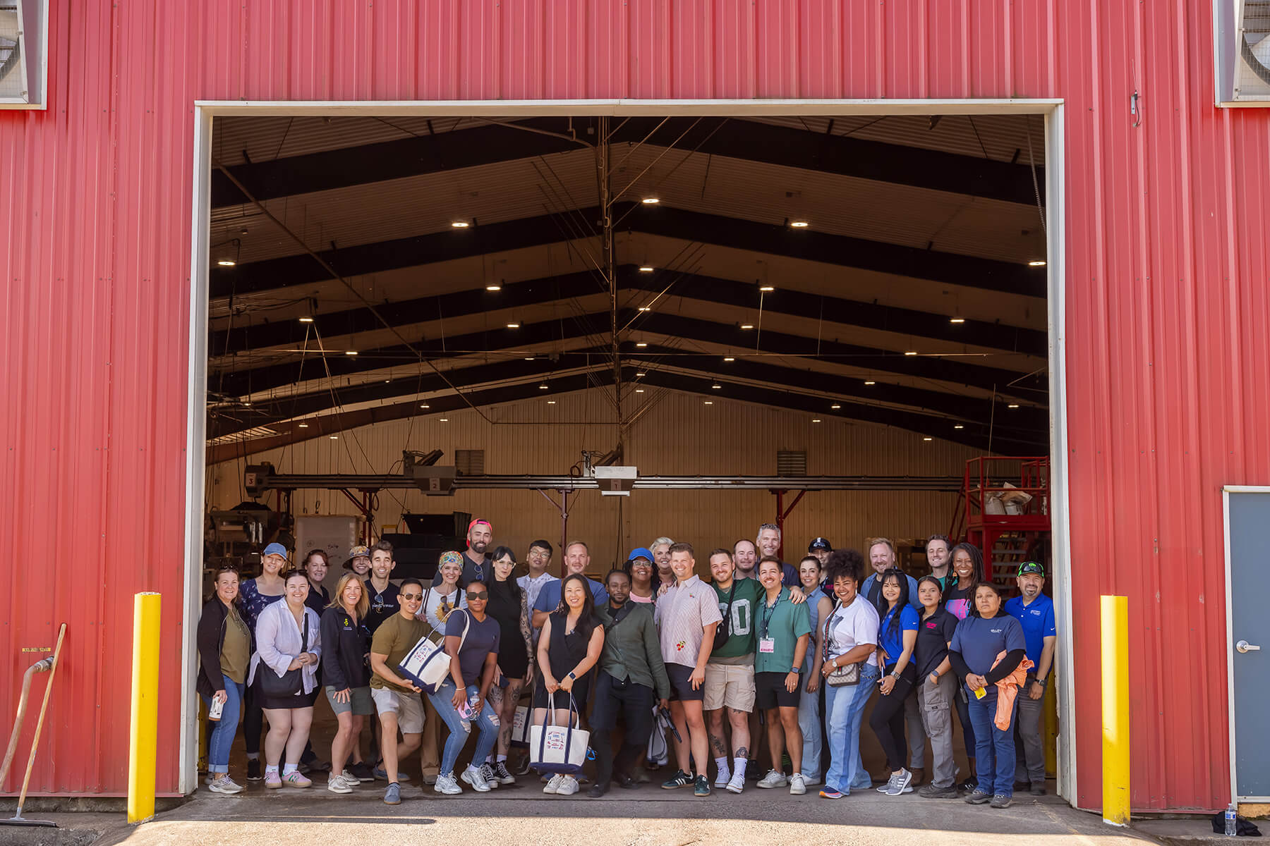 All the creators for a group photo in the open barn door