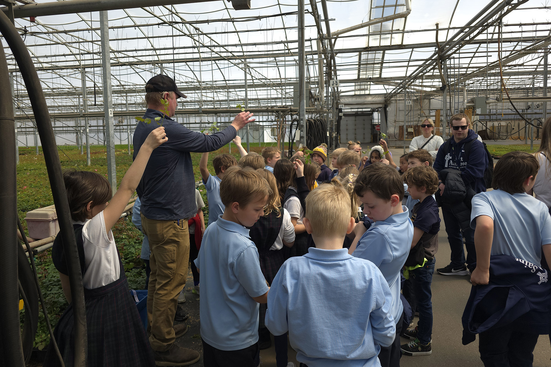 Elementary students in a greenhouse hold up rose cuttings while a Bailey team member leads a tour.