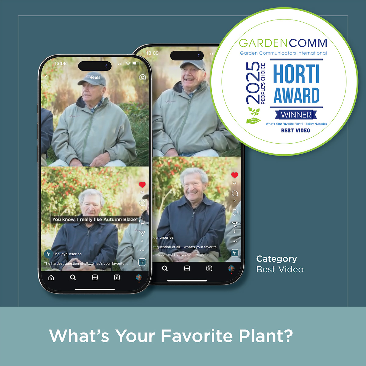 Mobile phones displaying shot of “What’s Your Favorite Plant” video which earned a 2025 People’s Choice Horti Award for Best Video.